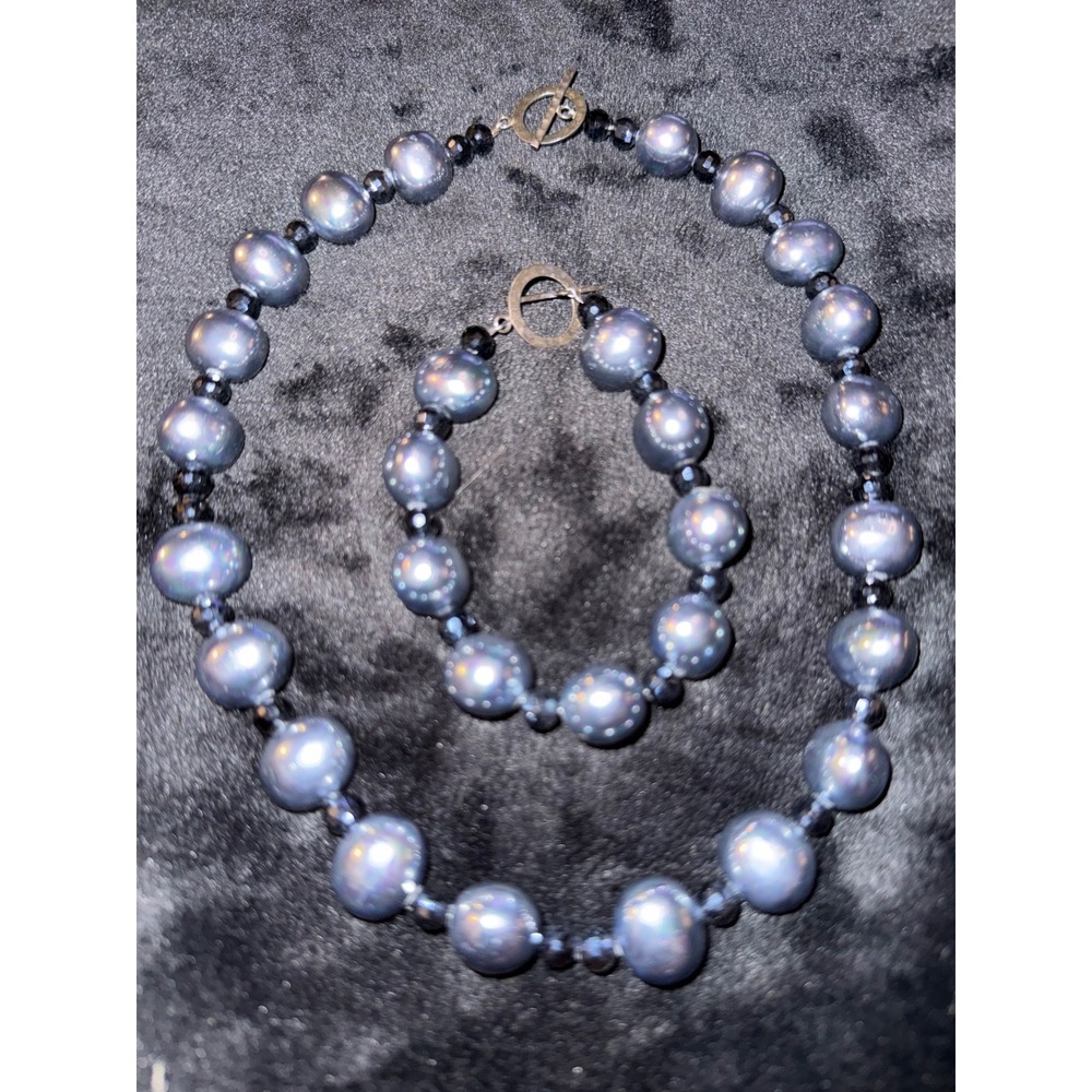 Grey Faux Pearl and Black Crystal Bead Necklace and Bracelet Set Toggle Clasp